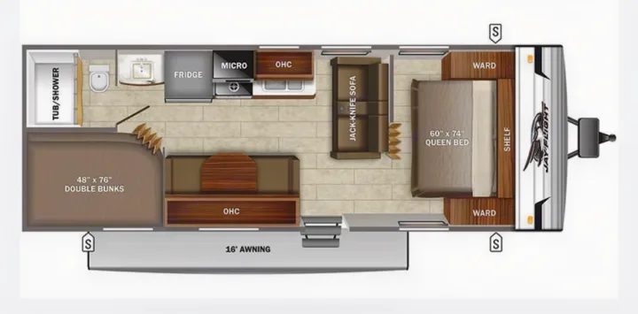 RV rental floor plan: queen bed, double bunks, kitchen, bath, jack-knife sofa, and 16' awning.. Jayco Jay Flight SLX 2022