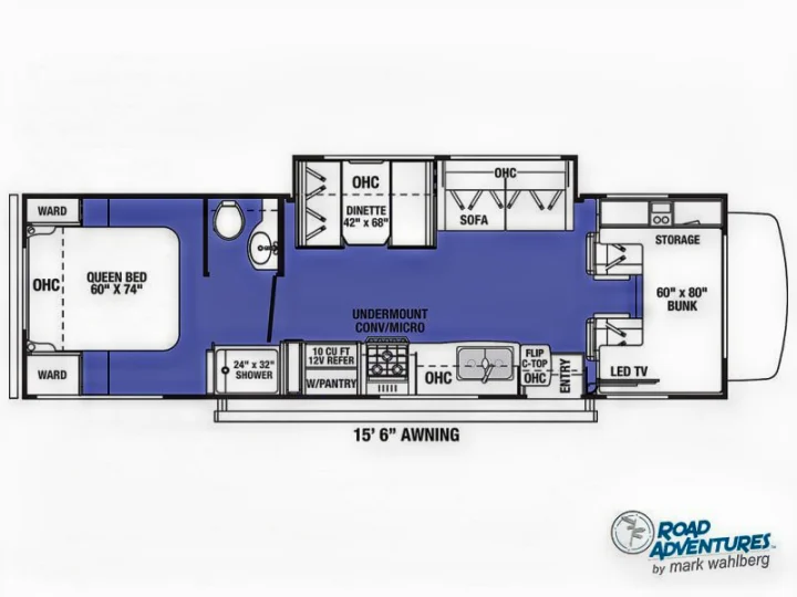 Explore this spacious RV rental floor plan, detailing queen bed, bunks, dinette, and kitchen for your next adventure.. Forest River Sunseeker 2026