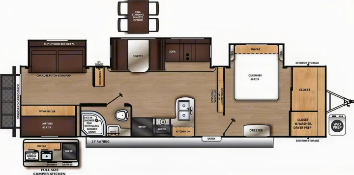 RV rental floor plan showing a spacious interior with queen bed, bunk beds, kitchen, dinette, and shower.. Coachmen Catalina 2021