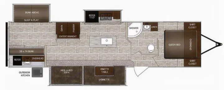RV rental floor plan: A spacious layout detailing a queen bed, bunk room, kitchen, bath, and convertible living spaces for comfort.. Prime Time Lacrosse 2019