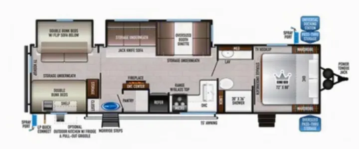 This RV rental floor plan displays a spacious travel trailer with bunk beds, a king bed, kitchen, and living areas.. East to West Silver Lake 2022