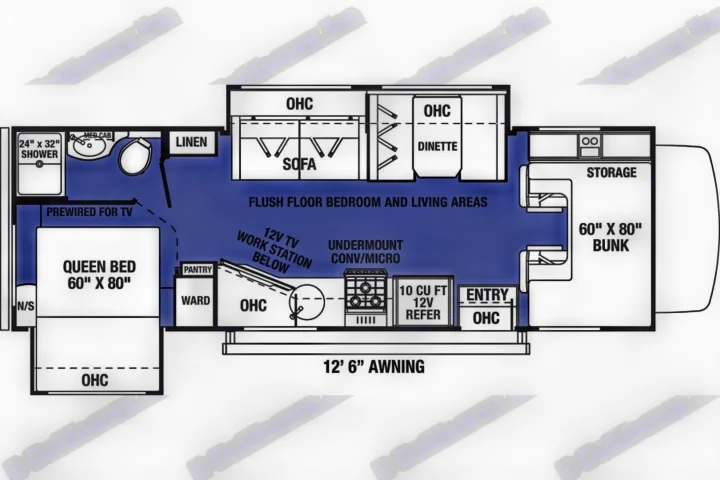 RV rental floor plan: 60"x80" queen bed, bunk, sofa, dinette, kitchen, bath, and storage areas.. Forest River Forester 2020