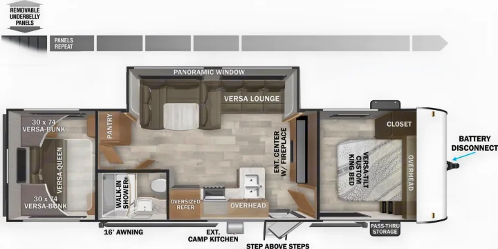 RV rental: Detailed floorplan of a spacious RV, showing a Versa-Lounge, King bed, Queen bed, bunk beds, kitchen & shower.. Forest River Wildwood X-Lite 2025