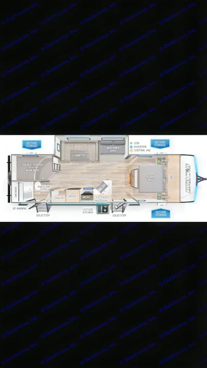 Detailed Alpha Wolf RV rental floor plan: queen bed, bunk beds, full kitchen, dinette, and living area, ideal for family trips.. Forest River Cherokee Alpha Wolf 2023