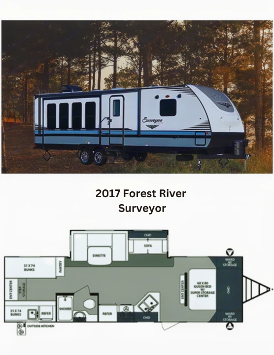 A 2017 Forest River Surveyor travel trailer, great for rv rental, is shown above its detailed floor plan.. Forest River Surveyor 2017