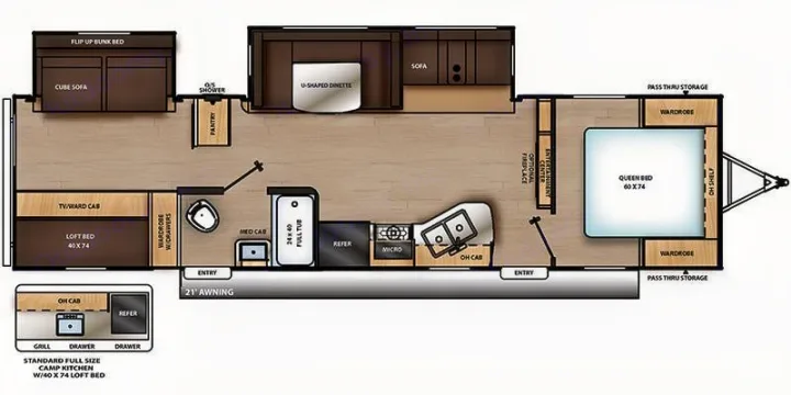 RV rental floor plan showing a queen bed, loft, bunks, U-dinette, full kitchen, bath, and 21' outdoor awning layout.. Forest River Aurora Aurora 2021