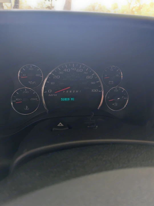 Dashboard of an RV rental showing 51819 miles on the odometer, with various vehicle gauges and gear selector.. Coachmen Freelander 2018