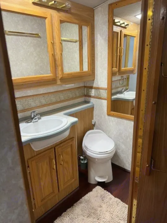 Inside an RV rental: a compact bathroom featuring a sink, toilet, mirror, and wooden cabinetry. Ready for travel comfort.. Fleetwood 39/MH 2000