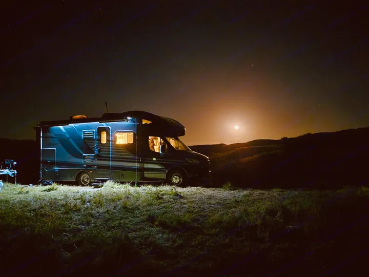 An RV rental glows warmly under a bright moon in a dark, open field at night, perfect for serene outdoor adventures.. Thor Delano Sprinter 2020