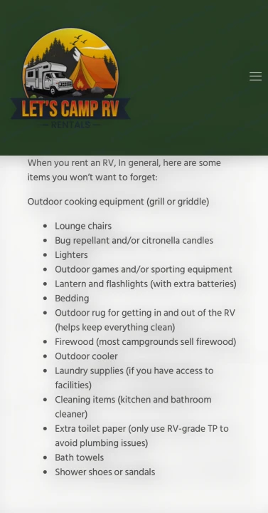 RV rental logo and a helpful checklist for essential packing items to remember for your RV trip.. Forest River Palomino 2003