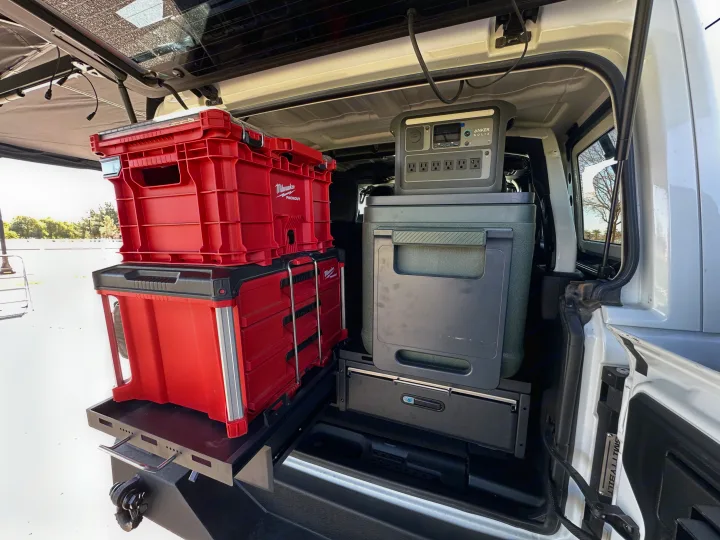 Organized adventure vehicle: Milwaukee storage, fridge, Anker power station on slide-out. Ready for overlanding or an RV rental.. Jeep Overlander 2019