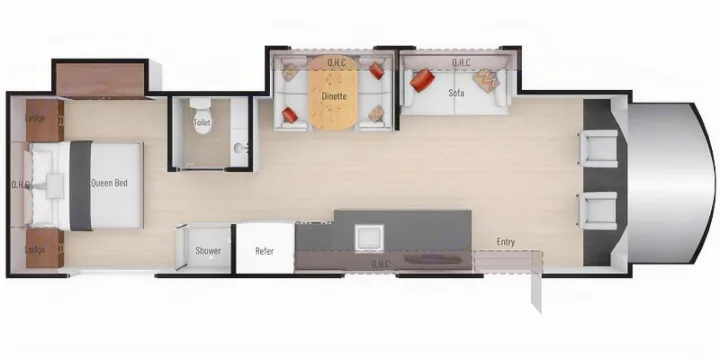Motorhome RV rental floor plan: queen bed, dinette, sofa, kitchen, bathroom layout for comfortable travel.. Nexus RV Triumph 2021