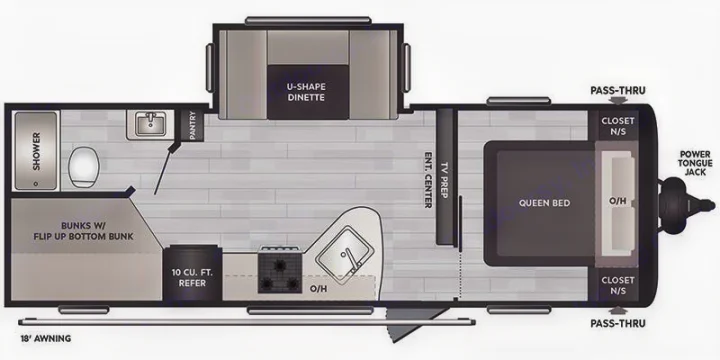 RV rental floor plan: This spacious travel trailer offers a queen bed, bunks, U-dinette, full kitchen, and bathroom.. Keystone Springdale 2024