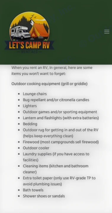 Website displays an RV rental checklist from Let's Camp RV, listing essential packing items for a comfortable camping trip.. Forest River Palomino 2000