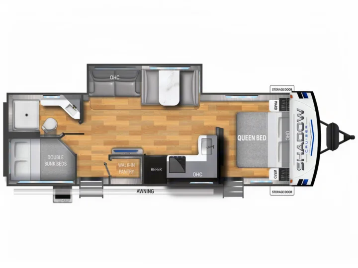 Overhead view of an RV rental travel trailer floor plan, detailing queen bed, bunk beds, kitchen, and bathroom amenities.. Cruiser RV Shadow Cruiser 2025