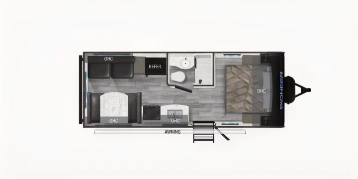 **RV rental** floor plan: Top-down view of a Pioneer travel trailer with bedroom, kitchen, bath, and dinette layout.. Heartland Pioneer 2022