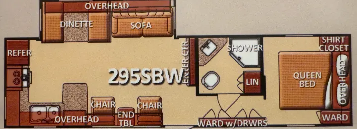 Explore this 295SBW RV rental floor plan: a detailed layout showing kitchen, dinette, queen bed, shower, & storage.. Gulf Stream Innsbruck 2014