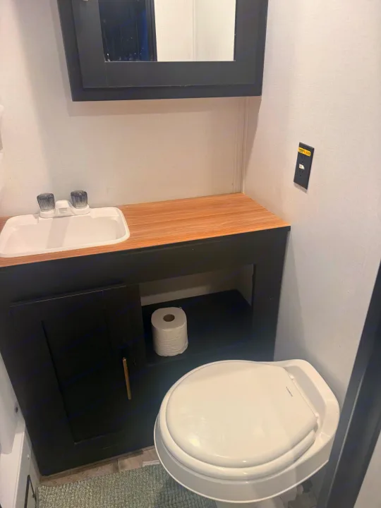 Inside this RV rental's bathroom: a compact sink, mirror, toilet, and vanity with open storage for toilet paper.. Forest River Wildwood FSX 2022