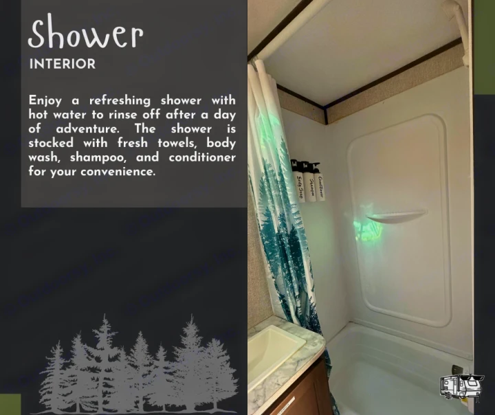 RV rental interior: compact bathroom with shower, featuring provided body wash, shampoo, conditioner, and a small sink.. Dutchmen Coleman Lantern LT 2021
