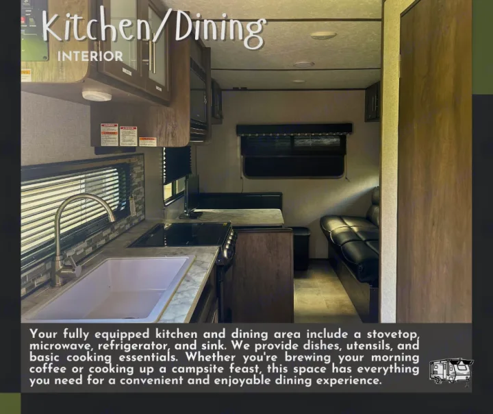 This RV rental features a fully equipped kitchen with a sink, stovetop, and a comfortable dining area for convenient meals.. Dutchmen Coleman Lantern LT 2021