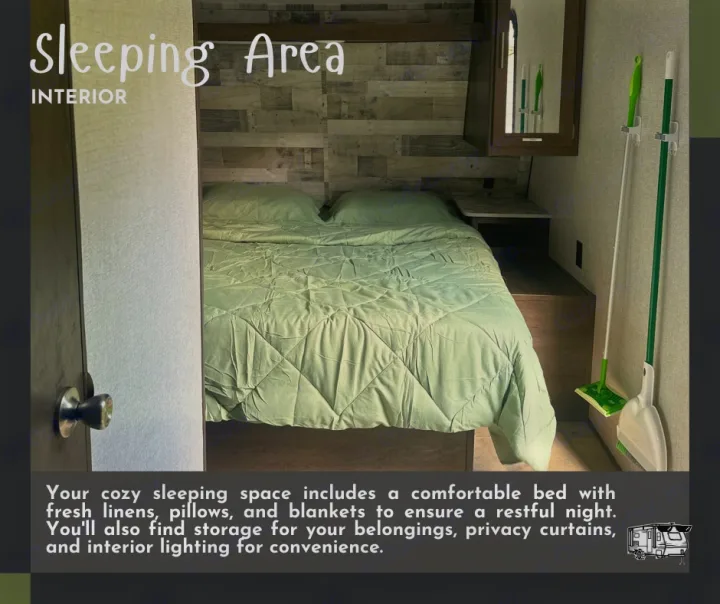 Explore your RV rental's comfortable sleeping area: a bed with fresh linens, storage, and a handy cleaning nook.. Dutchmen Coleman Lantern LT 2021