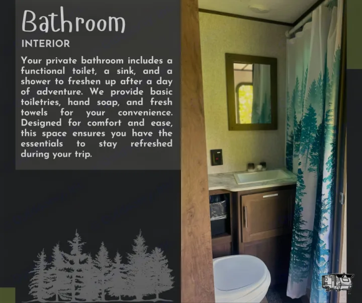 This RV rental bathroom features a toilet, sink, and a shower with a forest-themed curtain, ensuring comfort.. Dutchmen Coleman Lantern LT 2021