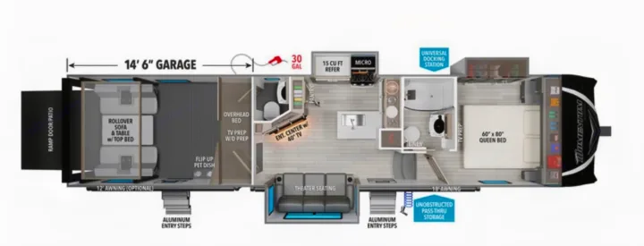 This RV rental floor plan details a toy hauler layout with a 14'6" garage, kitchen, bath, and queen bedroom.. Grand Design Momentum 2025