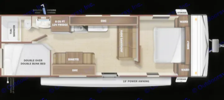RV rental floor plan: a detailed overhead view highlighting the master bed, bunk beds, kitchen, bath, dinette, and sofa.. Open Range Open Range 2021