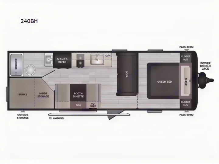 This RV rental floor plan for the 240BH model highlights its spacious layout, including a queen bed, bunks, kitchen, and full bath.. Keystone Hideout 240bh 2025