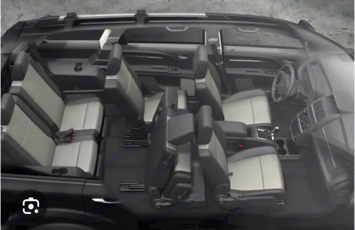 Top-down view of a car's adaptable interior, showcasing seats in various foldable configurations for max space, useful for RV rental.. Dodge Journey 2016