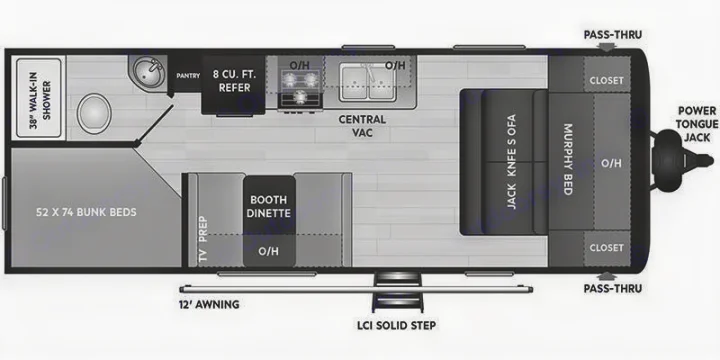 RV rental floor plan features a Murphy bed, bunk beds, kitchen, booth dinette, and a 38" walk-in shower.. Keystone Hideout 2022