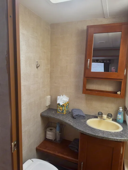 RV rental bathroom: A functional space with sink, mirror cabinet, toilet, and amenities like tissues & towels.. Keystone RV Passport Grand Touring 2014