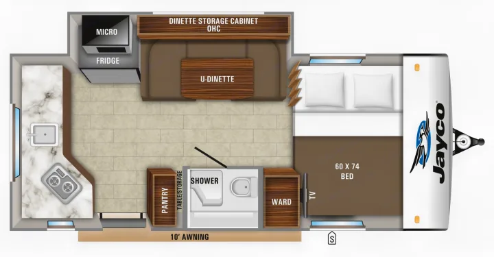 Explore this Jayco rv rental floor plan: kitchen (micro, fridge), U-dinette, 60x74 bed, shower, pantry & storage.. Jayco Hummingbird 2019