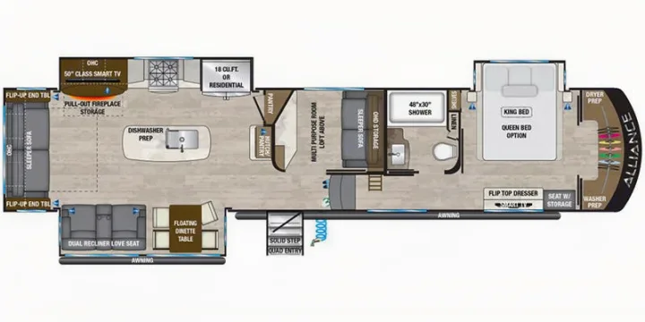 RV rental floor plan: Spacious interior layout with kitchen, living area, bathroom, bedroom, and multi-purpose room.. Alliance Paradigm 2023