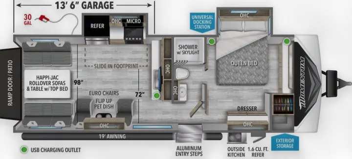 RV rental: Detailed floorplan of a Momentum toy hauler, featuring a 13'6" garage, queen bed, kitchen, and bath.. Grand Design Momentum Toy Hauler 2022