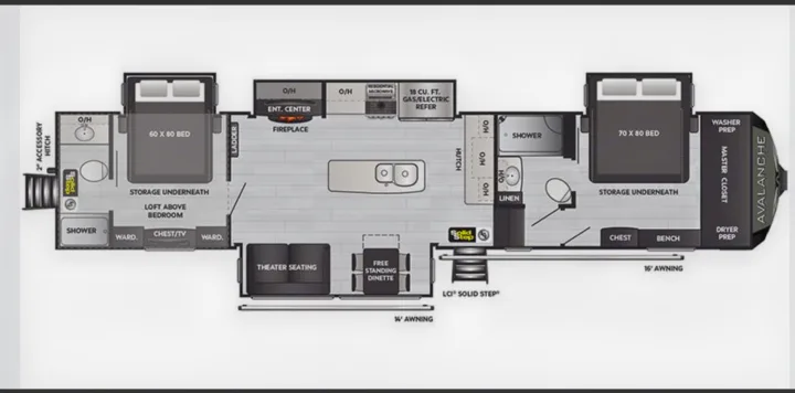 RV rental floor plan: Features two bedrooms, a full kitchen, living area, and two bathrooms for travel.. Keystone RV Avalanche 2023