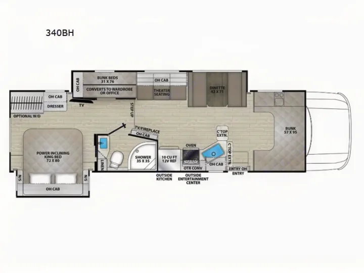 340BH RV rental floor plan, illustrating a spacious interior with king bed, bunk beds, kitchen, and lounge areas.. Couchmen Entourage 340BH 2025