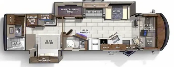 RV rental floor plan: spacious interior with king bed, bunks, sofa, kitchen, dinette, and shower.. Coachmen Mirada 2024
