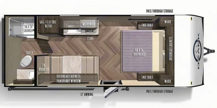 This RV rental floor plan displays a queen bed, kitchen, bathroom, dinette, and ample storage for travel.. Ozark Lite 2021