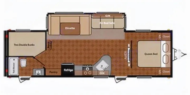 RV rental floor plan: Spacious RV layout featuring queen bed, double bunks, kitchen, bath, and living area.. Keystone RV Springdale 2012