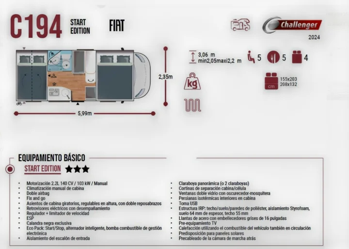 Explore the Challenger C194 Start Edition motorhome floorplan and features for your next rv rental adventure. Includes specs & amenities.. Challenger C194 START EDITION 2025