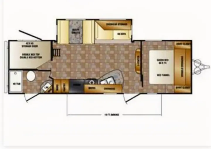 RV rental floor plan displaying the interior layout: queen bed, bunks, kitchen, and bath areas for your travel needs.. Crossroads RV Z-1 2015
