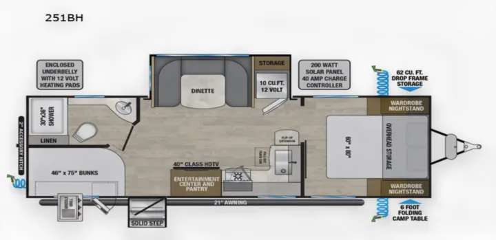 RV rental floorplan 251BH showing interior layout with dinette, queen bed, bunks, bathroom, and kitchen. Ideal for camping.. Alliance RV Delta 251BH 2024