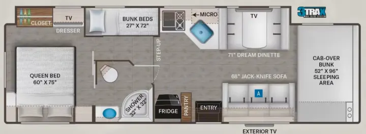 This RV rental floor plan details a versatile layout with a queen bed, bunks, kitchen, bath, dinette, and sofa for comfortable travel.. Thor Motor Coach Chateau 2023