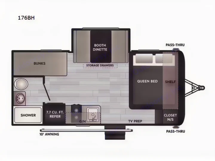 RV rental 176BH floor plan showing bunks, queen bed, dinette, kitchen, and bathroom layout.. Keystone RV Hideout Sport 2024