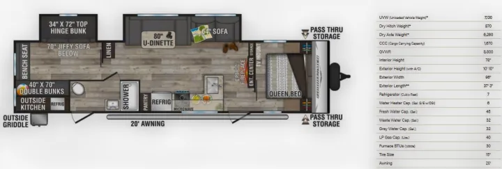 This RV rental image displays a detailed travel trailer floor plan with specs, including a queen bed, bunks, and tank capacities.. KZ 332BHKSE 2022