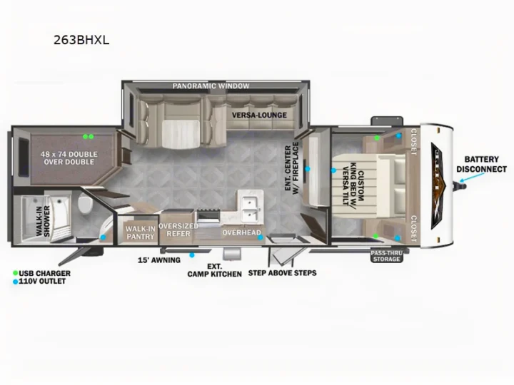 This RV rental floor plan, model 263BHXL, shows a travel trailer layout with bunk beds, a king bed, kitchen, and bath.. Forest River Wildwood X-Lite Platinum 2024