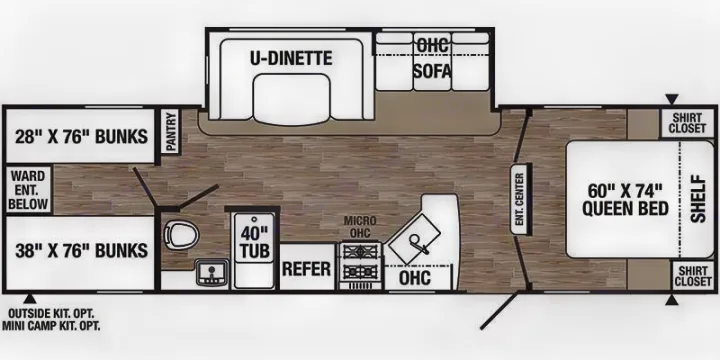 Detailed RV rental floor plan with queen bed, bunk beds, U-dinette, full kitchen, and bathroom layout.. Forest River Palomino Puma XLE 2022