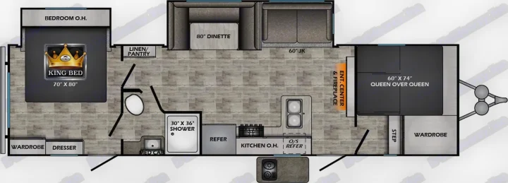 RV rental floor plan: Features include a king bed, kitchen, bath, dinette, and queen-over-queen bunks for comfortable travel.. Crossroads Zinger 2025