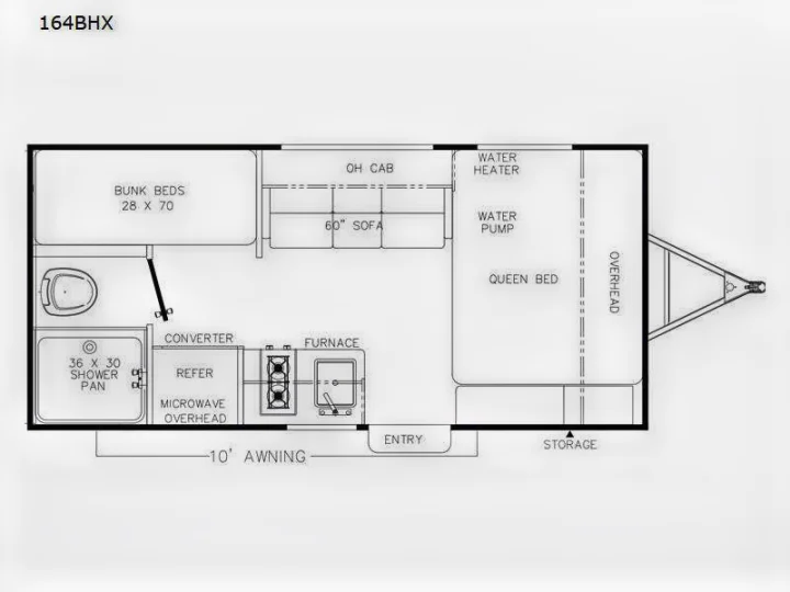 RV rental floor plan (164BHX) details interior layout: bunk beds, queen bed, kitchen, and bath.. Coachmen 164BHX 2023